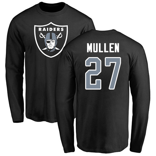 Men Oakland Raiders Olive Trayvon Mullen Name and Number Logo NFL Football #27 Long Sleeve T Shirt->nfl t-shirts->Sports Accessory